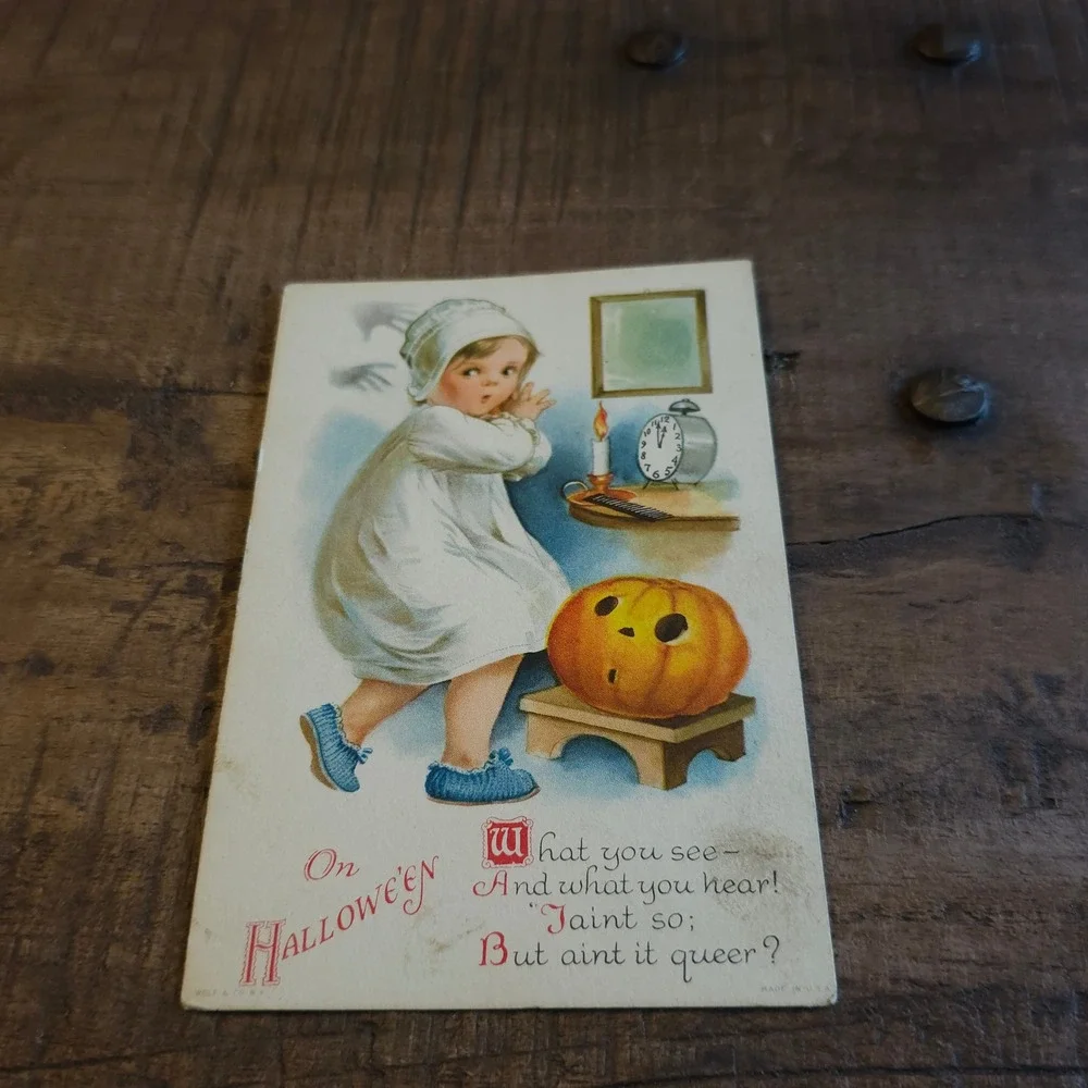 Antique Halloween Postcard Wolf & Co NY Child Ghost Pumpkin Poem Unposted 1910s